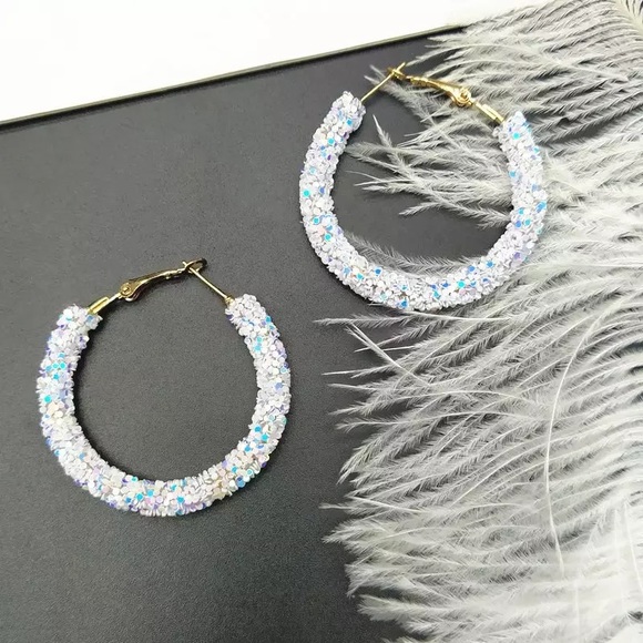 White Glitter Cubic zirconia hoop Earring - Picture 1 of 11